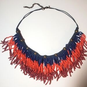 Free People Seed Bead Fringe Collar Bib Necklace Boho Tribal Statement Necklace